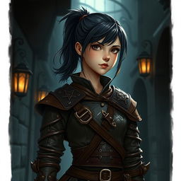 A teenage human girl with dark hair tied in a ponytail, depicted as a rogue wearing snug, intricate brown leather armor that showcases detailed craftsmanship and elegance while ensuring flexibility for stealth movements