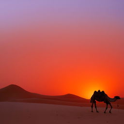 A sunset scenery in the Sahara Desert featuring a lone camel silhouette seeped in a myriad of intense orange, red, and purple hues