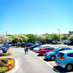 a vibrant and organized parking area, showcasing a variety of designated parking spaces filled with cars of different colors and models