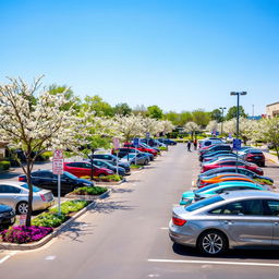 a vibrant and organized parking area, showcasing a variety of designated parking spaces filled with cars of different colors and models