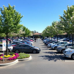 a vibrant and organized parking area, showcasing a variety of designated parking spaces filled with cars of different colors and models