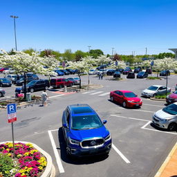 a vibrant and organized parking area, showcasing a variety of designated parking spaces filled with cars of different colors and models