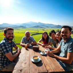 A lively scene depicting a group of people, both men and women, sitting together at a rustic wooden table, enjoying coffee and engaging in cheerful conversation