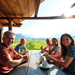 A lively scene depicting a group of people, both men and women, sitting together at a rustic wooden table, enjoying coffee and engaging in cheerful conversation