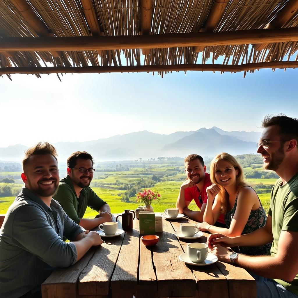 A lively scene depicting a group of people, both men and women, sitting together at a rustic wooden table, enjoying coffee and engaging in cheerful conversation