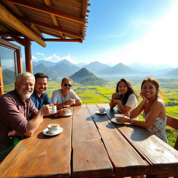 A lively scene depicting a group of people, both men and women, sitting together at a rustic wooden table, enjoying coffee and engaging in cheerful conversation