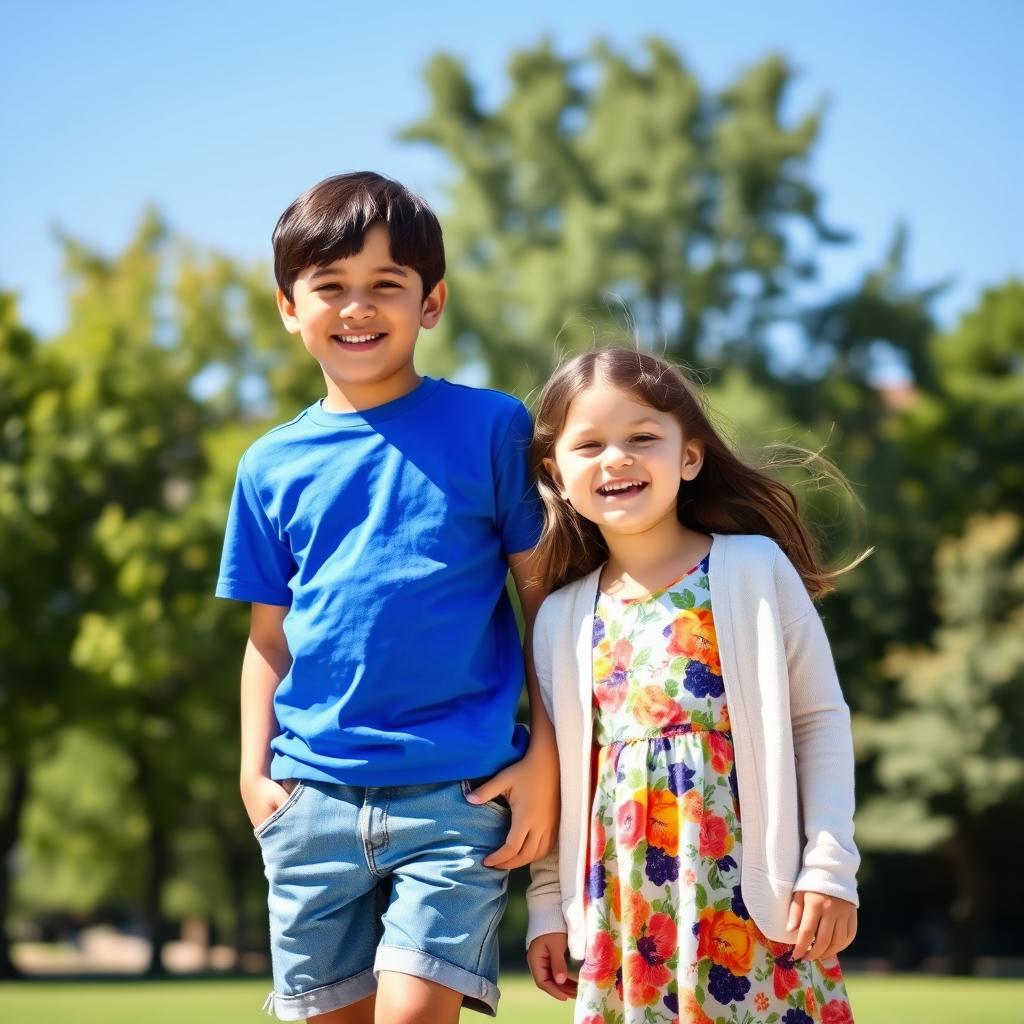 A scene featuring a young girl standing beside a boy, both smiling and enjoying a sunny day at a park