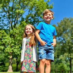 A scene featuring a young girl standing beside a boy, both smiling and enjoying a sunny day at a park