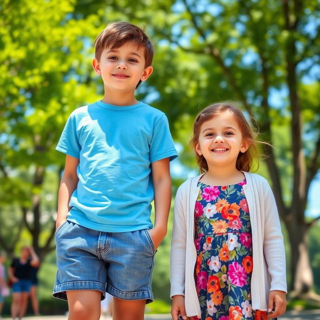 A scene featuring a young girl standing beside a boy, both smiling and enjoying a sunny day at a park