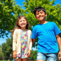 A scene featuring a young girl standing beside a boy, both smiling and enjoying a sunny day at a park