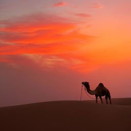 A sunset scenery in the Sahara Desert featuring a lone camel silhouette seeped in a myriad of intense orange, red, and purple hues