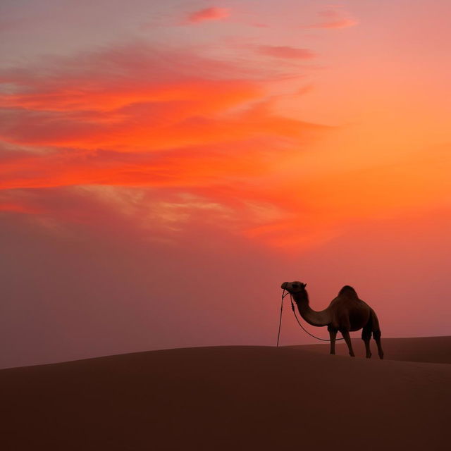 A sunset scenery in the Sahara Desert featuring a lone camel silhouette seeped in a myriad of intense orange, red, and purple hues