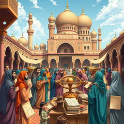 A vivid illustration depicting the advancements of technology in Islamic civilization