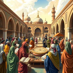 A vivid illustration depicting the advancements of technology in Islamic civilization