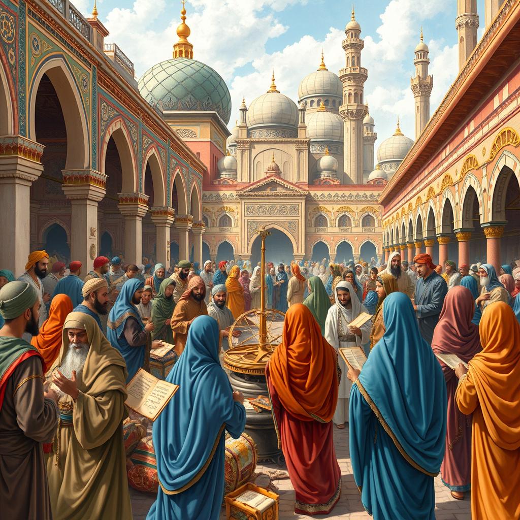 A vivid illustration depicting the advancements of technology in Islamic civilization