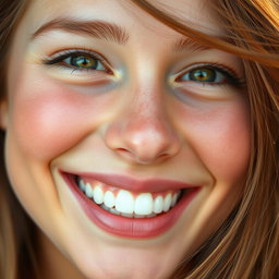A close-up of a cheerful face, featuring a bright smile with sparkling eyes, showcasing warmth and joy