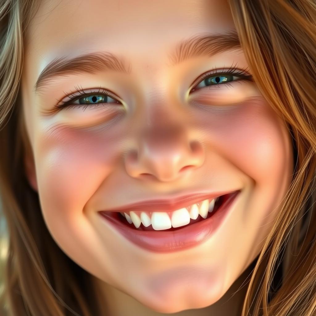 A close-up of a cheerful face, featuring a bright smile with sparkling eyes, showcasing warmth and joy