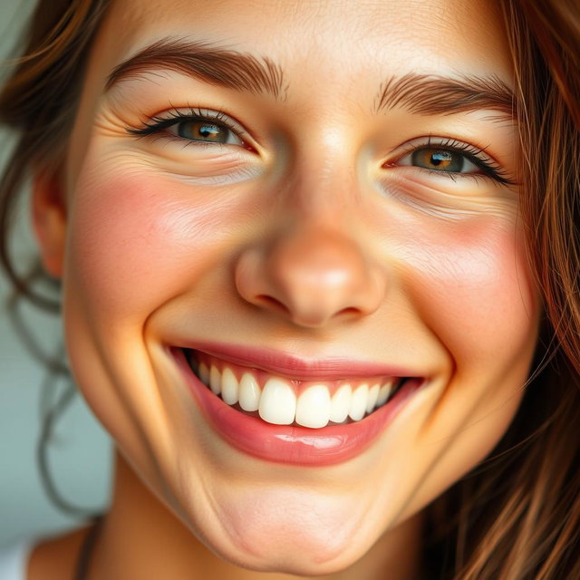 A close-up of a cheerful face, featuring a bright smile with sparkling eyes, showcasing warmth and joy