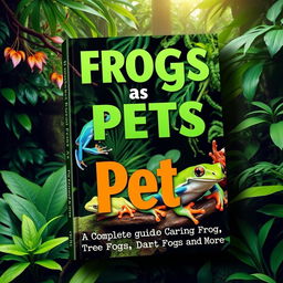 A vibrant and engaging book cover for the title "Frogs as Pets: A Complete Guide to Caring for Tree Frogs, Dart Frogs, and More"