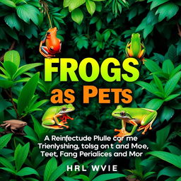 A vibrant and engaging book cover for the title "Frogs as Pets: A Complete Guide to Caring for Tree Frogs, Dart Frogs, and More"