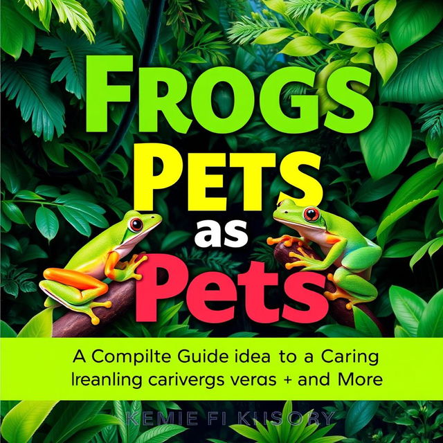 A vibrant and engaging book cover for the title "Frogs as Pets: A Complete Guide to Caring for Tree Frogs, Dart Frogs, and More"