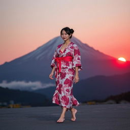 A sexy Japanese lady wearing an elegantly designed yukata, walking barefoot in front of the majestic Mount Fuji