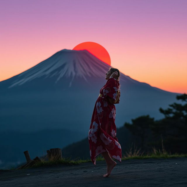 A sexy Japanese lady wearing an elegantly designed yukata, walking barefoot in front of the majestic Mount Fuji
