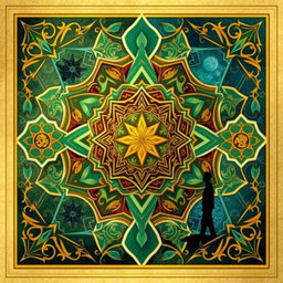 A captivating composition featuring intricate geometric shapes inspired by Islamic art, showcasing a vibrant palette of colors such as rich blues, greens, and golds