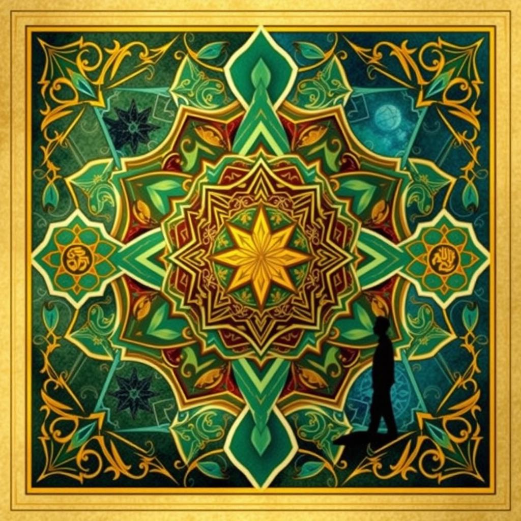 A captivating composition featuring intricate geometric shapes inspired by Islamic art, showcasing a vibrant palette of colors such as rich blues, greens, and golds