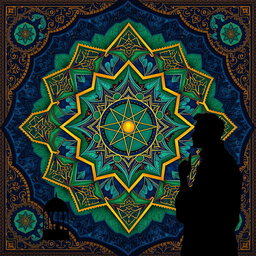 A captivating composition featuring intricate geometric shapes inspired by Islamic art, showcasing a vibrant palette of colors such as rich blues, greens, and golds