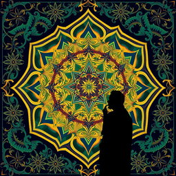 A captivating composition featuring intricate geometric shapes inspired by Islamic art, showcasing a vibrant palette of colors such as rich blues, greens, and golds