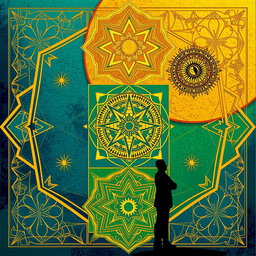 A captivating composition featuring intricate geometric shapes inspired by Islamic art, showcasing a vibrant palette of colors such as rich blues, greens, and golds
