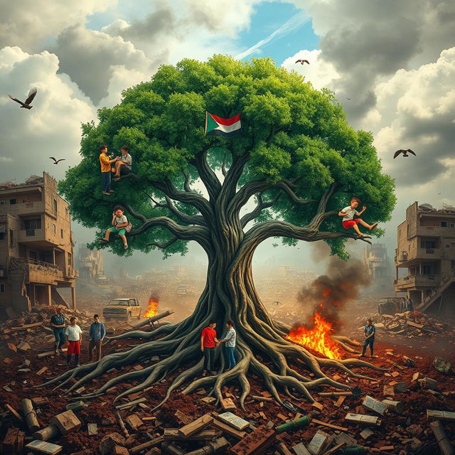 A powerful scene set in a war-torn Gaza, featuring a large tree amidst the chaos