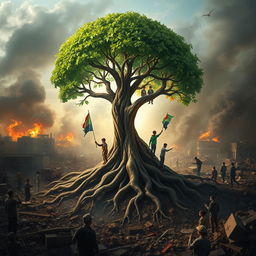 A powerful scene set in a war-torn Gaza, featuring a large tree amidst the chaos