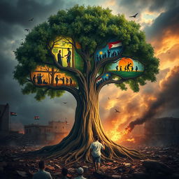 A powerful scene set in a war-torn Gaza, featuring a large tree amidst the chaos