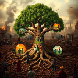 A powerful scene set in a war-torn Gaza, featuring a large tree amidst the chaos