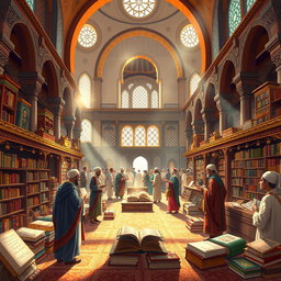 A rich and vibrant illustration depicting a historical scene of a bustling Islamic civilization marketplace, showcasing scholars and merchants engaging in trade of knowledge-based goods