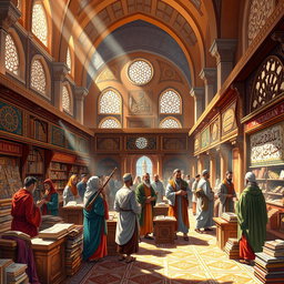 A rich and vibrant illustration depicting a historical scene of a bustling Islamic civilization marketplace, showcasing scholars and merchants engaging in trade of knowledge-based goods
