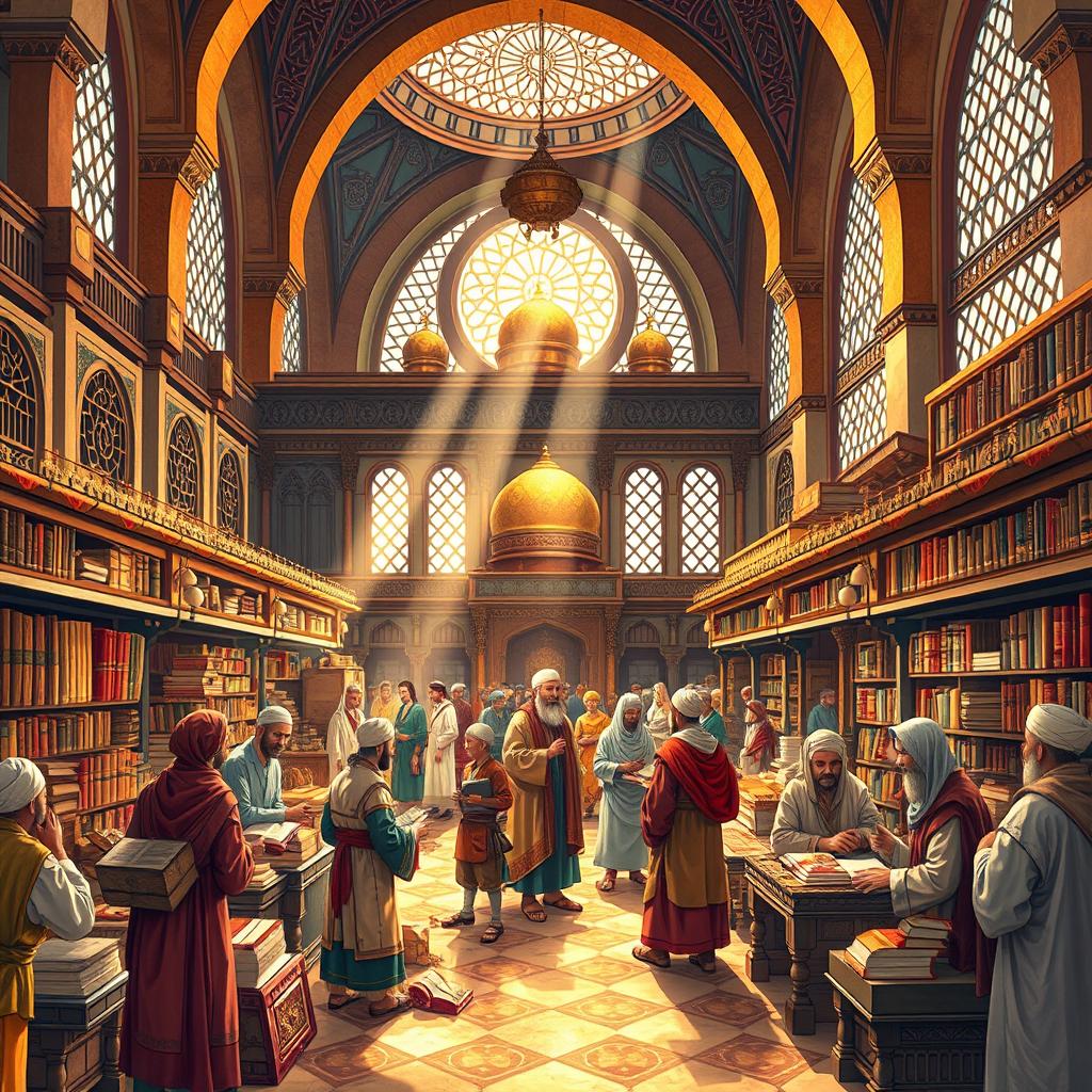 A rich and vibrant illustration depicting a historical scene of a bustling Islamic civilization marketplace, showcasing scholars and merchants engaging in trade of knowledge-based goods