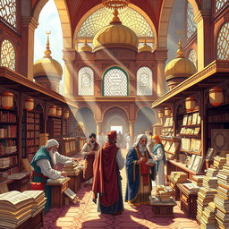 A rich and vibrant illustration depicting a historical scene of a bustling Islamic civilization marketplace, showcasing scholars and merchants engaging in trade of knowledge-based goods