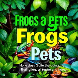 A vibrant and engaging book cover for the title "Frogs as Pets: A Complete Guide to Caring for Tree Frogs, Dart Frogs, and More"