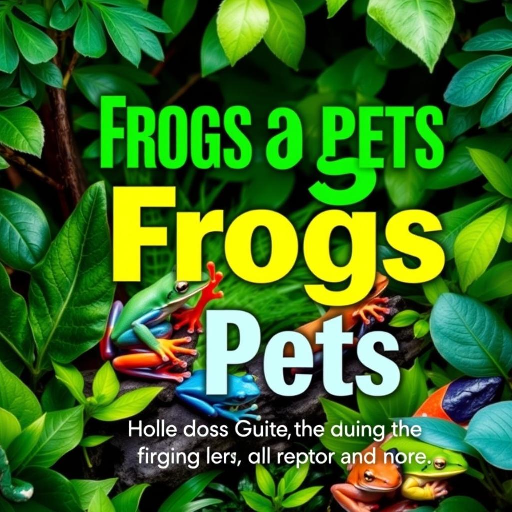 A vibrant and engaging book cover for the title "Frogs as Pets: A Complete Guide to Caring for Tree Frogs, Dart Frogs, and More"