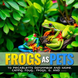 A vibrant and engaging book cover for the title "Frogs as Pets: A Complete Guide to Caring for Tree Frogs, Dart Frogs, and More"