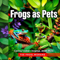 A vibrant and engaging book cover for the title "Frogs as Pets: A Complete Guide to Caring for Tree Frogs, Dart Frogs, and More"