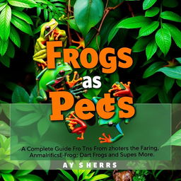 A vibrant and engaging book cover for the title "Frogs as Pets: A Complete Guide to Caring for Tree Frogs, Dart Frogs, and More"