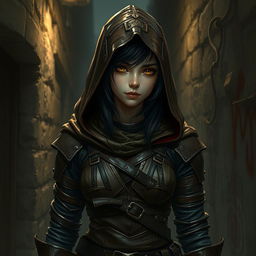 A fantasy art piece of a teenage human girl with dark hair, depicted as a hooded rogue