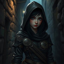 A fantasy art piece of a teenage human girl with dark hair, depicted as a hooded rogue