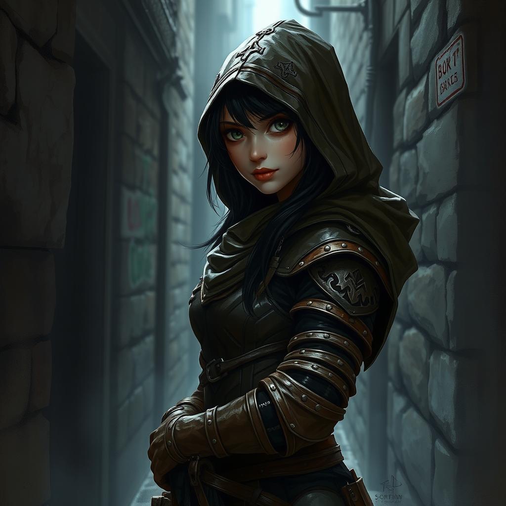 A fantasy art piece of a teenage human girl with dark hair, depicted as a hooded rogue