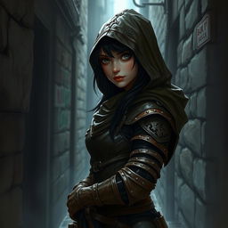 A fantasy art piece of a teenage human girl with dark hair, depicted as a hooded rogue