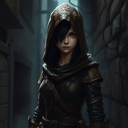 A fantasy art piece of a teenage human girl with dark hair, depicted as a hooded rogue